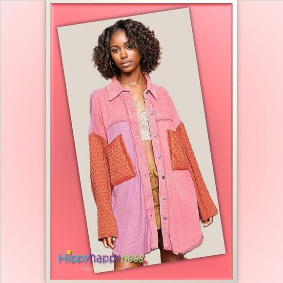 POL Tops - POL Corduroy Sweater Jacket Shacket Distressed Oversized Long Sleeve Pink NWT